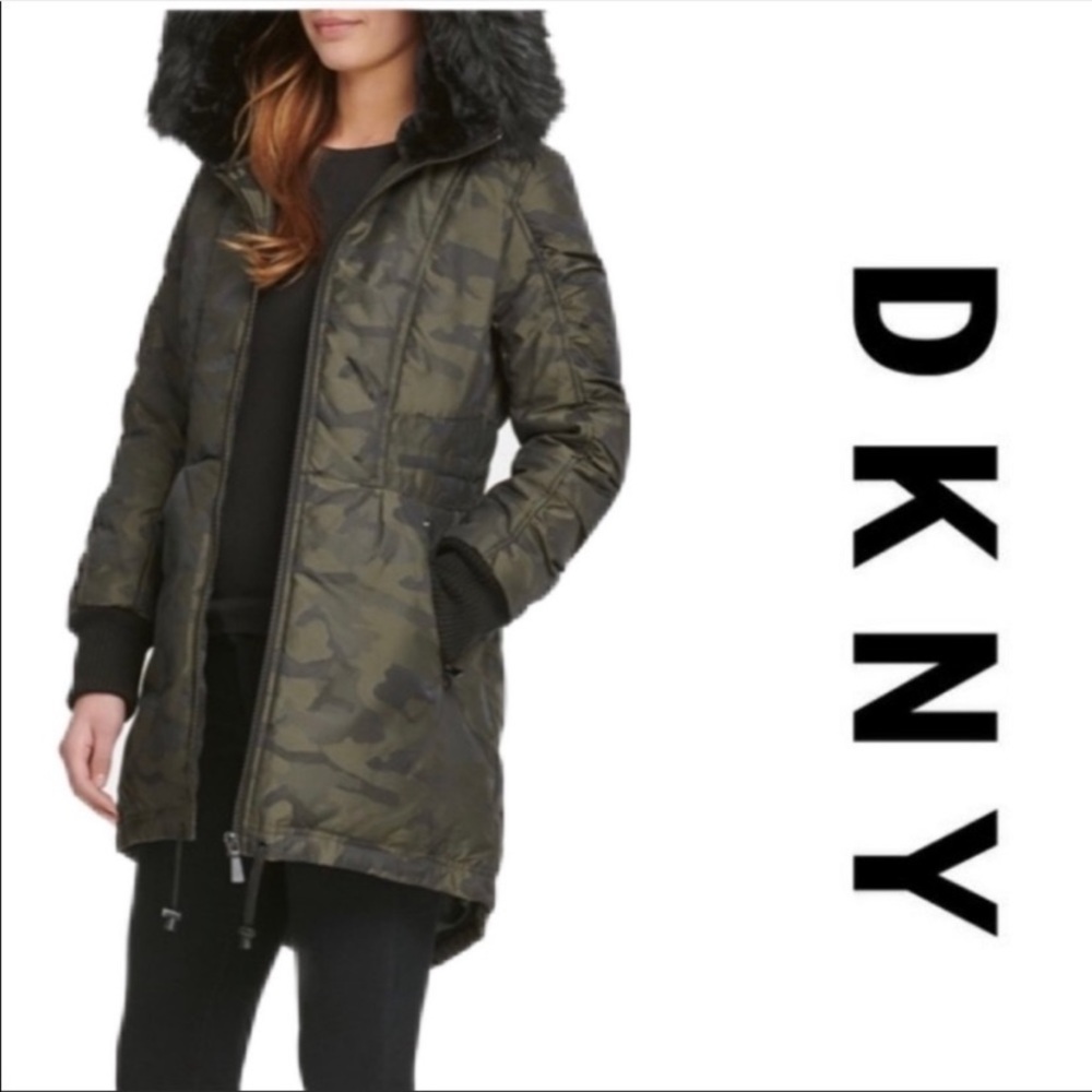DKNY Camo Down Coat with Faux Fur Trim